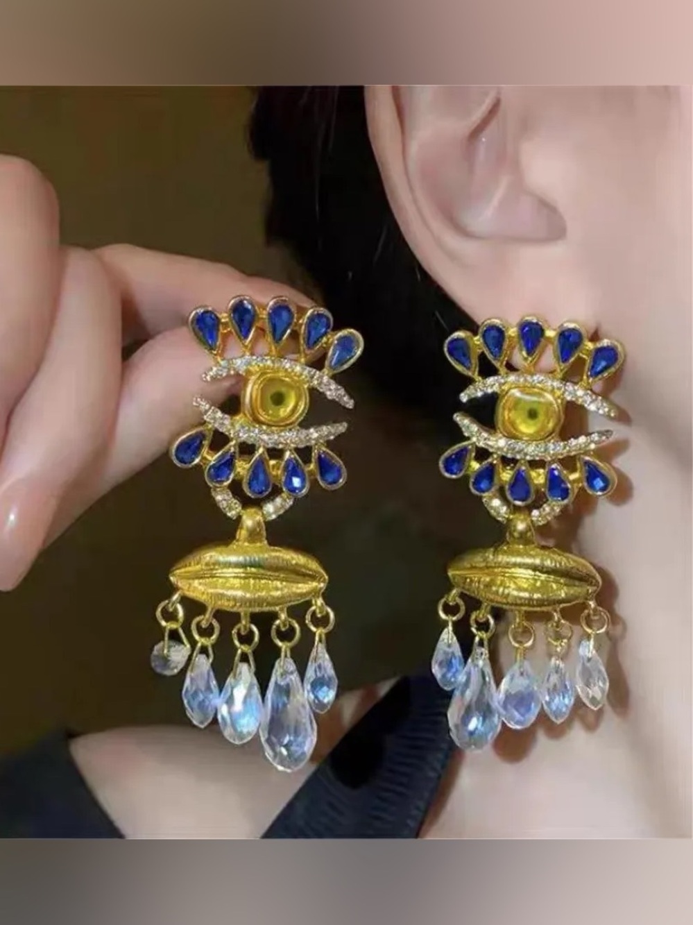 Schiaparelli Inspired Gold and Blue Eye Drop Statement Earrings